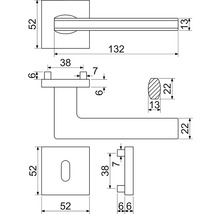 Technický nákres kľučky dverí s rozmermi