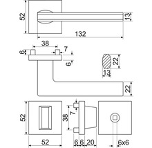 Technický nákres kľučky dverí s rozmermi