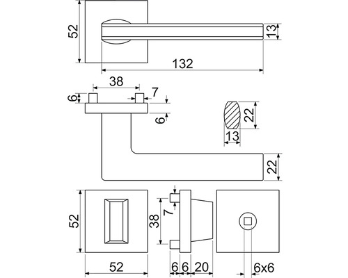 Technický nákres kľučky dverí s rozmermi