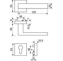 Technický nákres kľučky dverí s rozmermi