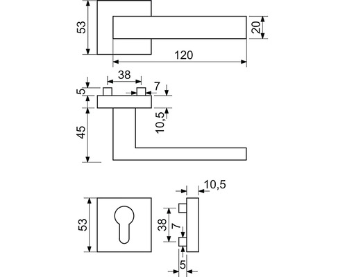 Technický nákres kľučky dverí s rozmermi