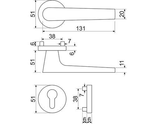 Technický nákres kľučky dverí s rozmermi