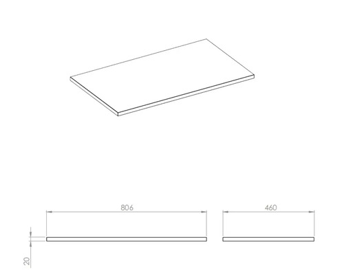 Technický nákres pracovnej dosky s rozmermi 806 x 460 x 20 milimetrov