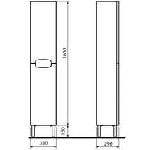 Technický nákres kúpeľňovej skrinky s rozmermi výška 1600 mm, šírka 330 mm a hĺbka 290 mm.