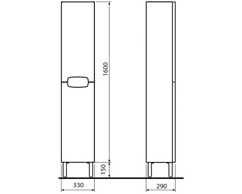 Technický nákres kúpeľňovej skrinky s rozmermi výška 1600 mm, šírka 330 mm a hĺbka 290 mm.