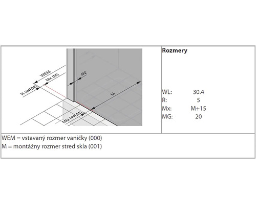 Rozmerový nákres sprchovacieho kúta s rozmermi