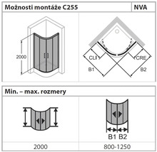 Technický nákres sprchovacieho kúta s rozmermi