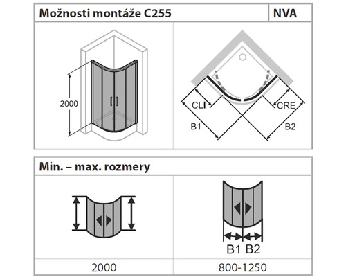 Technický nákres sprchovacieho kúta s rozmermi