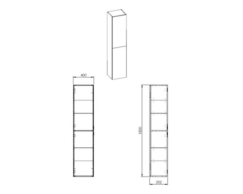 Technický nákres vysokej skrine s rozmermi 400 x 1800 x 352 mm