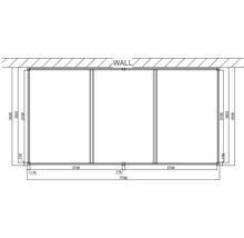 Technický nákres trojdielneho posuvného dverového systému s rozmermi.