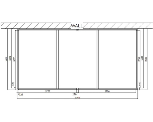 Technický nákres trojdielneho posuvného dverového systému s rozmermi.