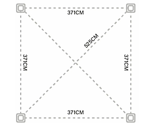 Štvorcové zobrazenie s rozmermi: dĺžka strany 371 cm, uhlopriečka 525 cm