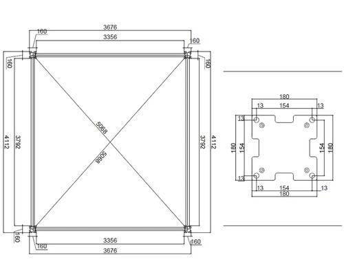 Technický nákres obdĺžnikového pavilónu s rozmermi