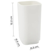 Biely pohár na zubné kefky s rozmermi 12,2 x 6,5 x 6,5 cm.