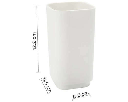 Biely pohár na zubné kefky s rozmermi 12,2 x 6,5 x 6,5 cm.