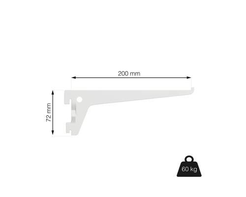 Konzola police s rozmermi 200 mm x 72 mm a nosnosťou 60 kg.