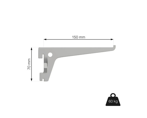 Policová konzola s rozmermi 150 mm x 70 mm a nosnosťou 60 kg.