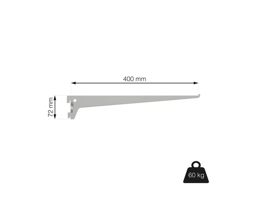 Konzola police s rozmermi 400 mm x 72 mm a nosnosťou 60 kg.