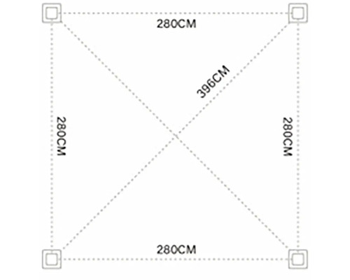 Štvorcové rozmery 280 cm s diagonálnymi rozmermi 396 cm
