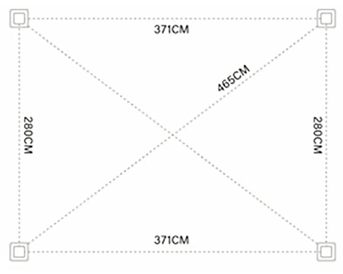 Diagram s rozmermi 280 cm, 371 cm a 465 cm