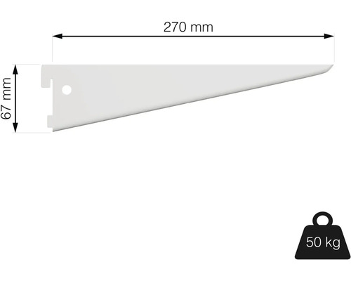 Policový nosník s rozmermi 270 mm x 67 mm a nosnosťou 50 kg.