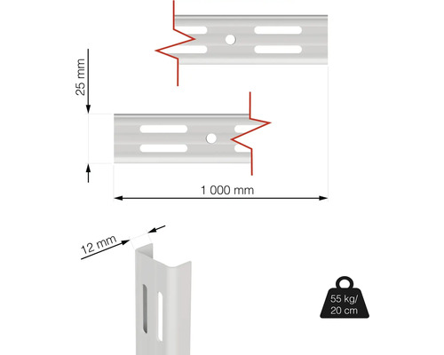 Rozmery regálovej lišty: 25 mm x 1000 mm, hrúbka materiálu 12 mm, symbol nosnosti 55 kg na 20 cm