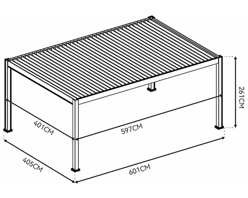 Nákres pergoly s rozmermi 261 cm výška, 401 cm hĺbka, 601 cm šírka