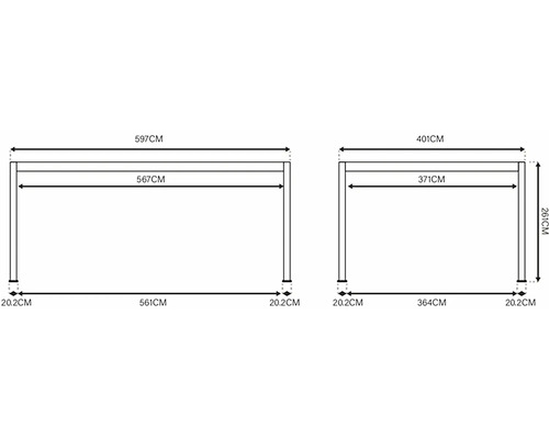 Nákres s rozmermi pre terasové zastrešenie