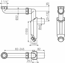 Technický výkres sifónu s rozmermi