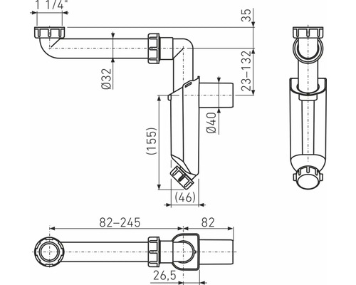 Technický výkres sifónu s rozmermi