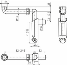 Technický nákres sifónu s rozmermi