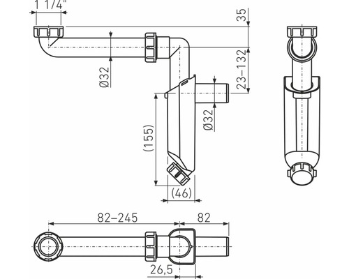 Technický nákres sifónu s rozmermi