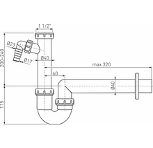 Technický nákres sifónu s rozmermi