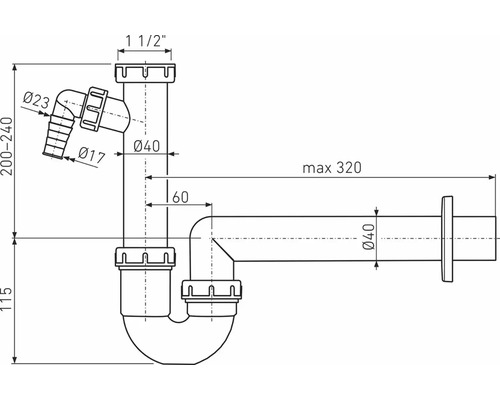 Technický nákres sifónu s rozmermi