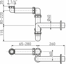 Technický nákres sifónu s rozmermi.