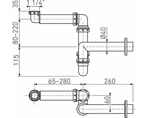 Technický nákres sifónu s rozmermi.