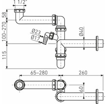 Technický nákres sifónu s rozmermi