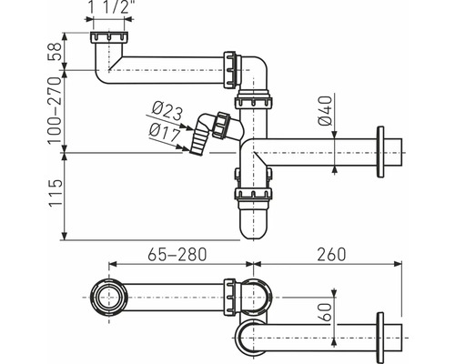 Technický nákres sifónu s rozmermi
