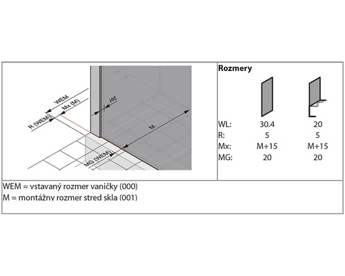 Rozmerový nákres sprchovacieho kúta s kótovaním