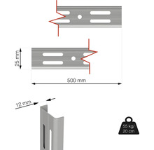 Obrázok lišty regálu s rozmermi 500 mm dĺžka, 25 mm šírka, 12 mm hĺbka a nosnosť 55 kilogramov pri vyložení 20 centimetrov