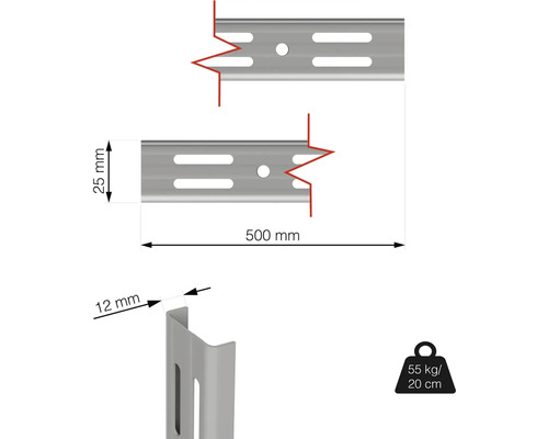 Obrázok lišty regálu s rozmermi 500 mm dĺžka, 25 mm šírka, 12 mm hĺbka a nosnosť 55 kilogramov pri vyložení 20 centimetrov