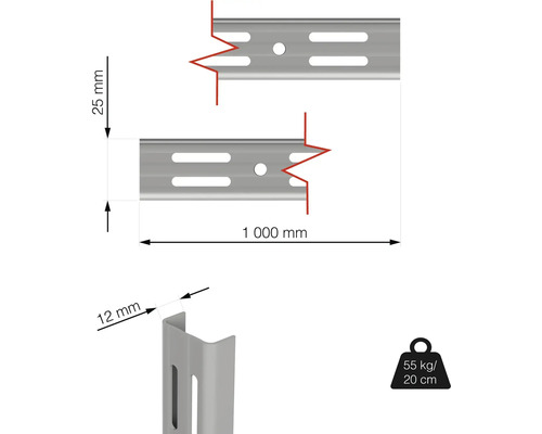 Technický nákres policovej lišty s rozmermi 1000 mm dĺžka, 25 mm výška a 12 mm hĺbka a nosnosť 55 kg pri vyložení 20 cm
