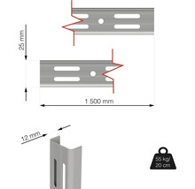Technický nákres policovej lišty s rozmermi 1500 mm dĺžka, 25 mm výška, 12 mm hĺbka a nosnosť 55 kg pri vyložení 20 cm
