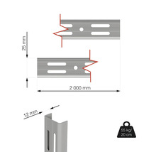 Rozmery regálovej lišty, dĺžka 2000 mm, nosnosť 55 kg