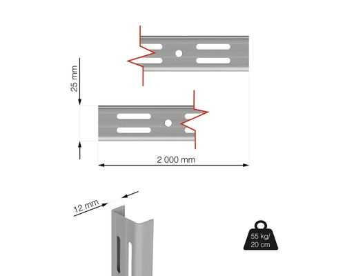 Rozmery regálovej lišty, dĺžka 2000 mm, nosnosť 55 kg