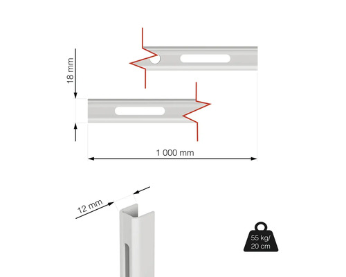 Technický nákres montážnej lišty s rozmermi 1000 mm dĺžka, 18 mm výška a 12 mm šírka, nosnosť 55 kg