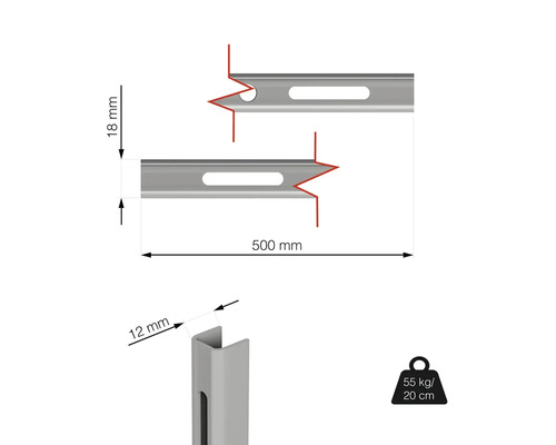 Rozmery profilovej lišty: dĺžka 500 mm, výška 18 mm, šírka 12 mm, nosnosť 55 kg