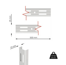 Technický nákres lišty pre police s rozmermi 500 mm dĺžka a 25 mm šírka, nosnosť 55 kg pri vyložení 20 cm