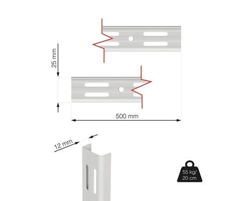 Technický nákres lišty pre police s rozmermi 500 mm dĺžka a 25 mm šírka, nosnosť 55 kg pri vyložení 20 cm