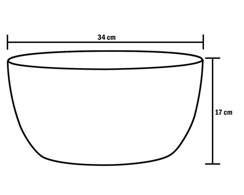 Nákres kvetinovej misy s rozmermi 34 cm šírky a 17 cm výšky